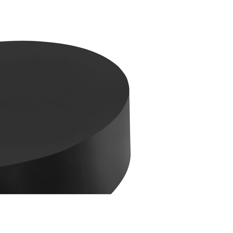 Rano Coffee Table, 40 Inch Round Black Iron Top, Modern Drum Shape - Benzara