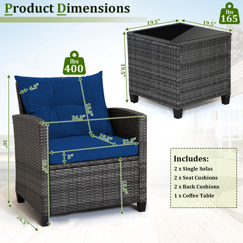 3 Pieces Outdoor Wicker Conversation Set with Tempered Glass Tabletop