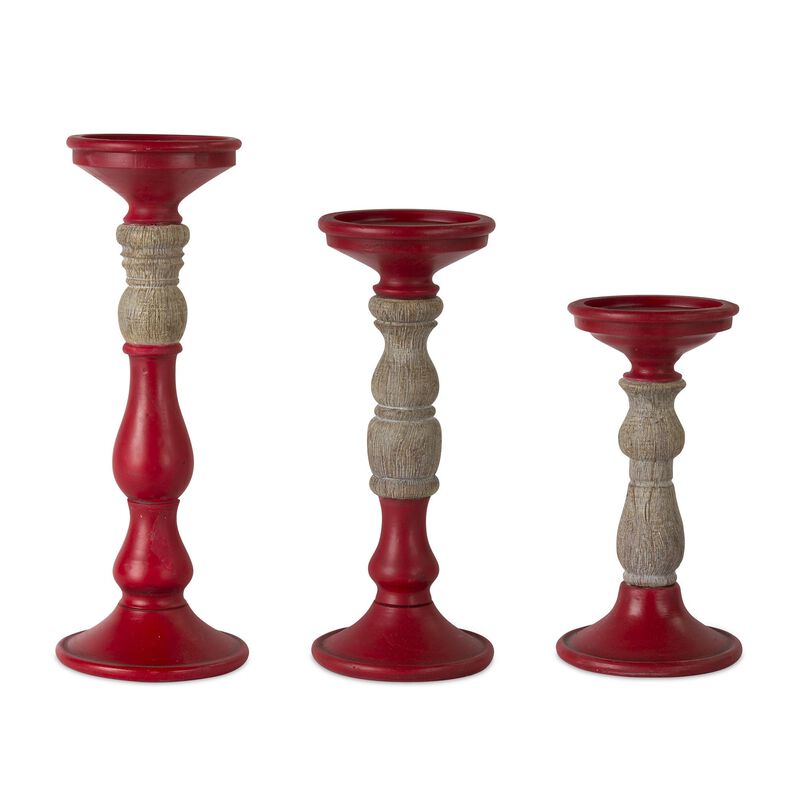 HomeRoots Set of Three Red And Natural Ornate Resin Tabletop Pillar Candle Holders image number 0