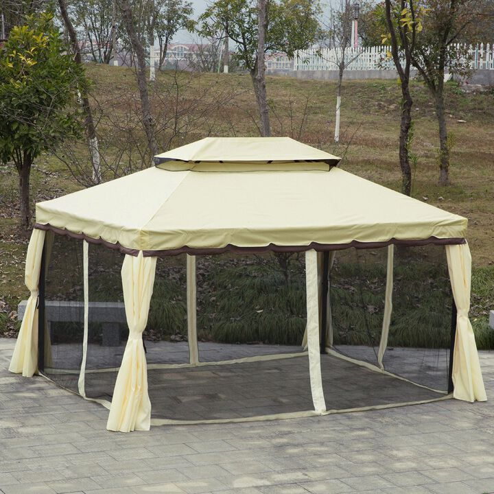 10' x 13' Aluminum Frame Soft Top Outdoor Patio Gazebo with Polyester Curtains and Air Venting Screens  Cream White