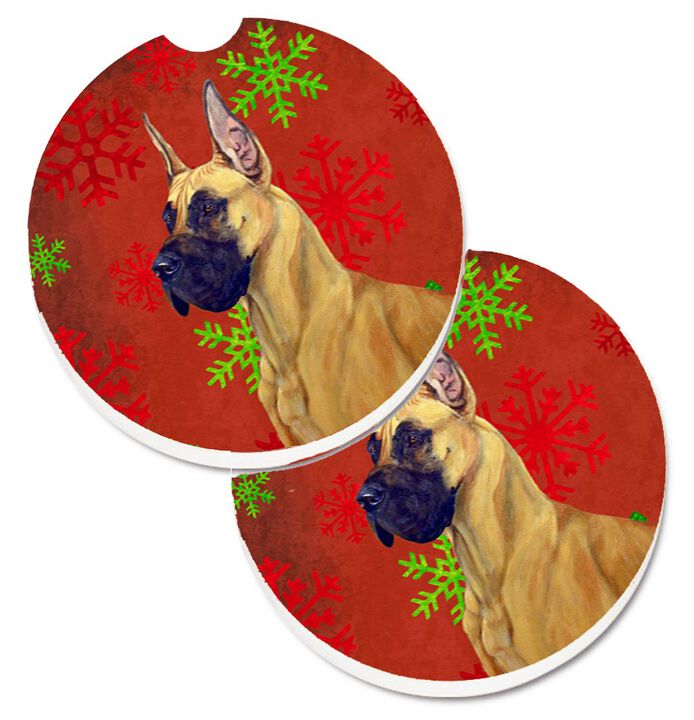 Caroline's Treasures Great Dane Red & green Snowflakes Holiday Christmas Set of 2 Cup Holder Car Coasters LH9310CARC, 2.56, Multicolor