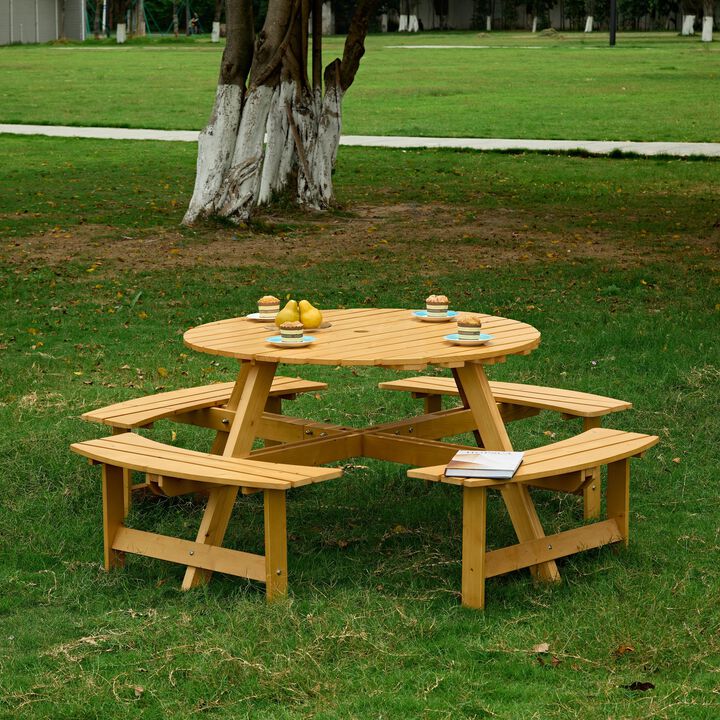 WOW PIONEEROutdoor 8-Person Round Picnic Table Set with 4 Built-in Benches & Umbrella Hole Ideal for Garden Backyard Porch Patio Family Gatherings and Outdoor Dining
