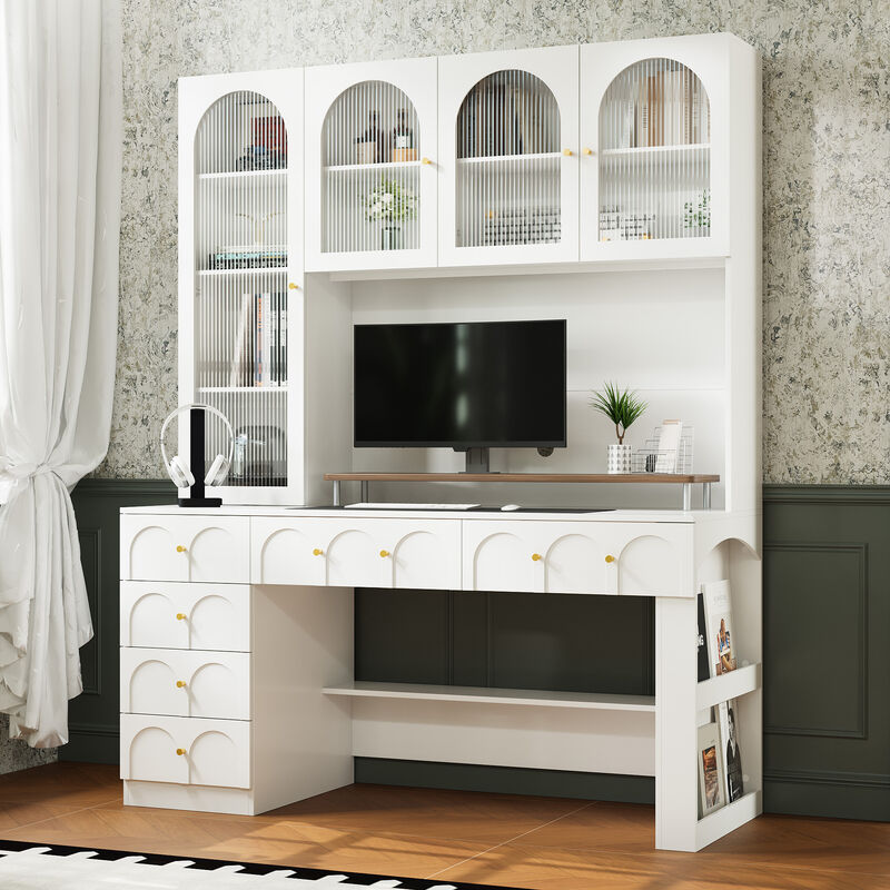 FUFU&GAGA 4-Glass Door Office Desk with 6-Drawer Metal Handles and Magazine Rack 63''L x 23.6''W x 78.7''H White image number 3