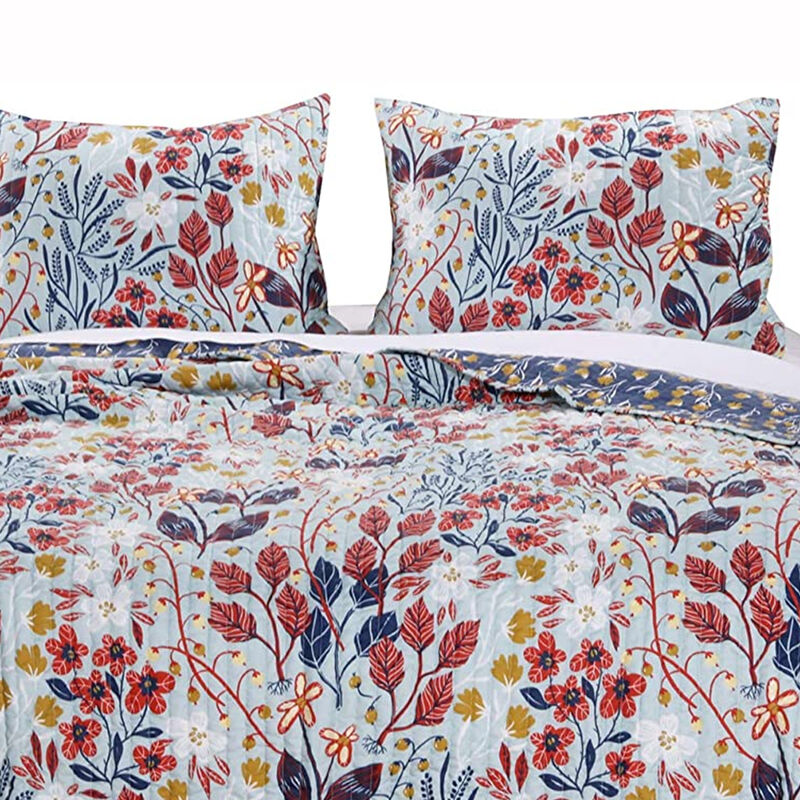 King Size 3 Piece Polyester Quilt Set with Floral Prints, Multicolor - Benzara
