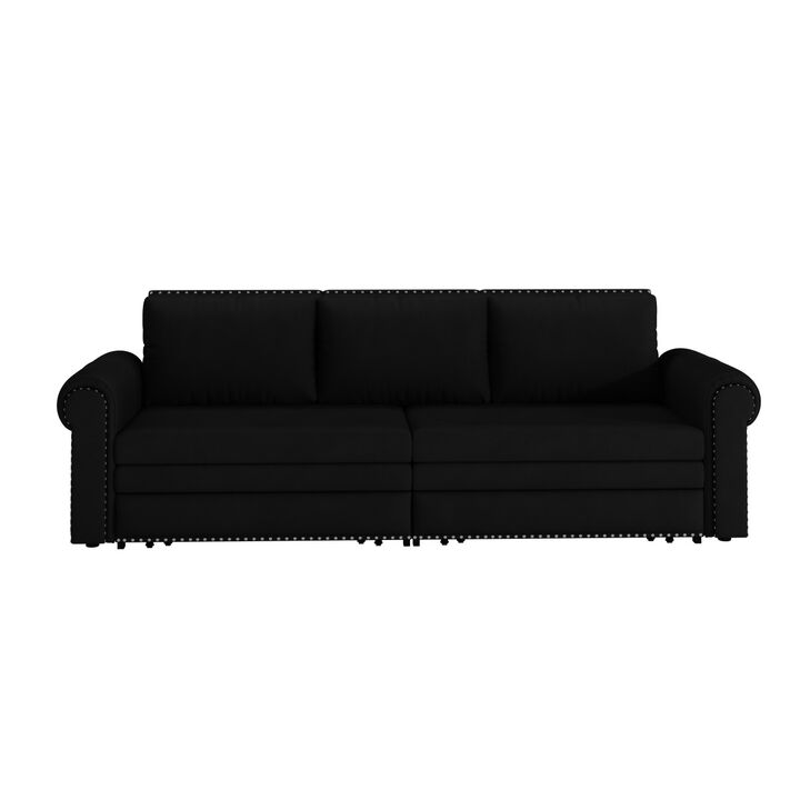 Gray King Size Sofa Bed Couch Pull Out Couch 3 In 1 Convertible Sleeper Sofa Bed Velvet Chesterfield Sofa With Nailhead Trim & Rolled Arm-Cuddlewood