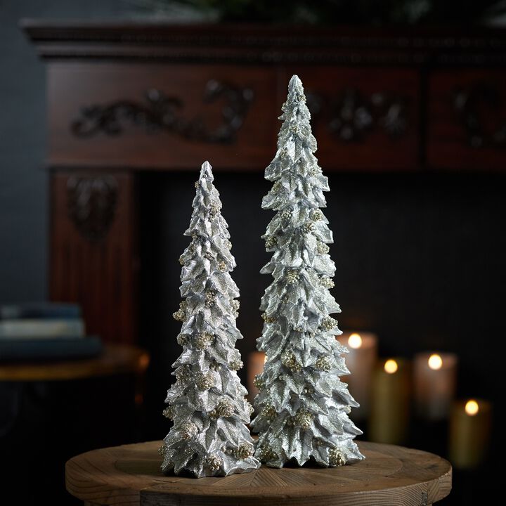 Set of 2 Glittered Holly Leaf Pine Trees for Festive Tabletop or Mantel Display