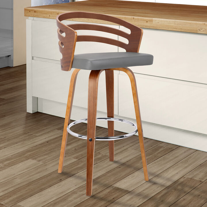 Jayden  Counter Height Swivel Grey Faux Leather and Walnut Wood Bar Stool