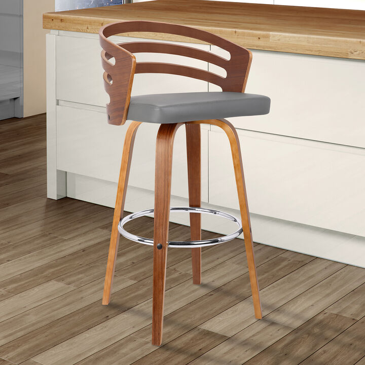 Jayden  Counter Height Swivel Brown Faux Leather and Walnut Wood Bar Stool