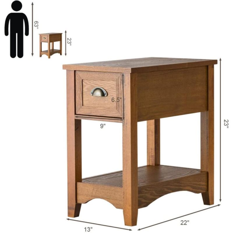 Hivvago 2 Pieces Retro Narrow Tiered End Table with Drawer and Storing Shelf