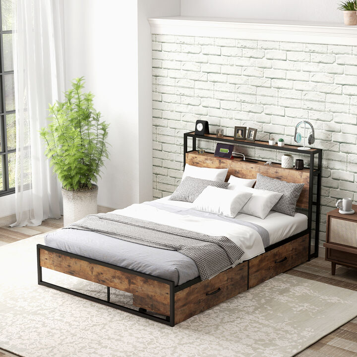 Bed Frame with 2-Tier Storage Headboard and Charging Station