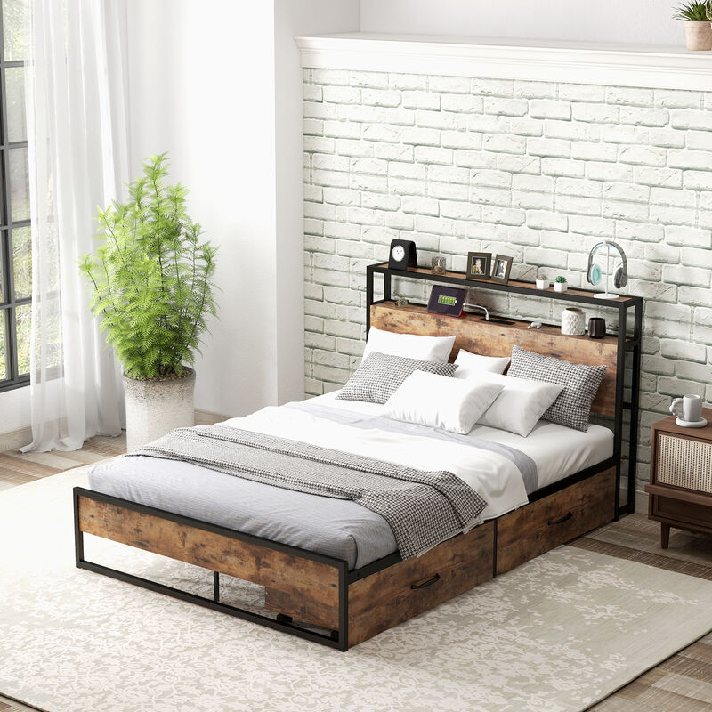Bed Frame with 2-Tier Storage Headboard and Charging Station