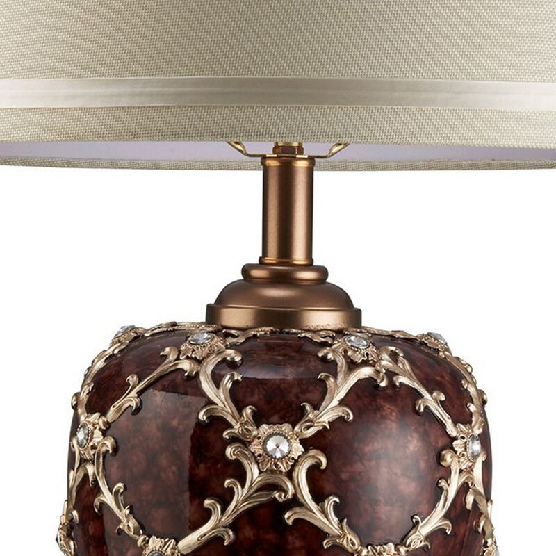 Polyresin Urn Shaped Table Lamp with Diamond Stencils Pattern, Brown-Benzara
