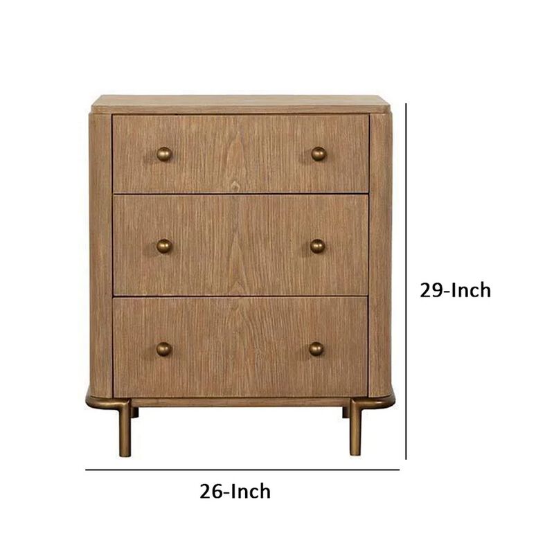 Hiz 29 Inch 3 Drawer Nightstand with Dual USB Ports, Brass Legs, Brown - Benzara