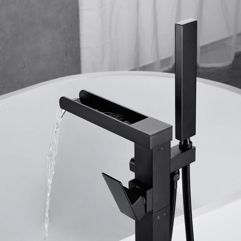 Bathroom Freestanding Waterfall Tub Filler Matte Black Floor Mount Faucet With Hand Shower