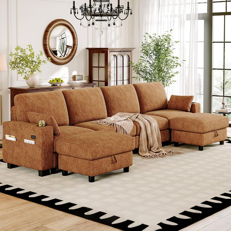 Vipbear 128" Modular Sectional Sofa, Chenille U Shaped Cloud Couch with Ottoman Adjustable Backrest image number 9
