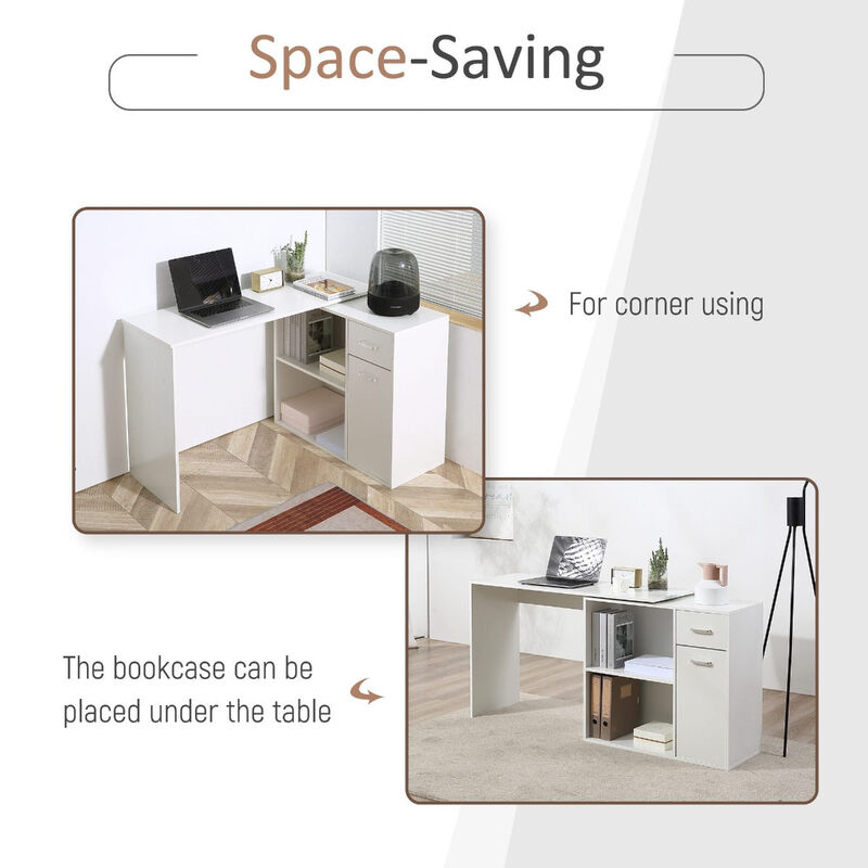 White Corner Workstation: L-Shaped Desk with Rotating Shelves & Drawer
