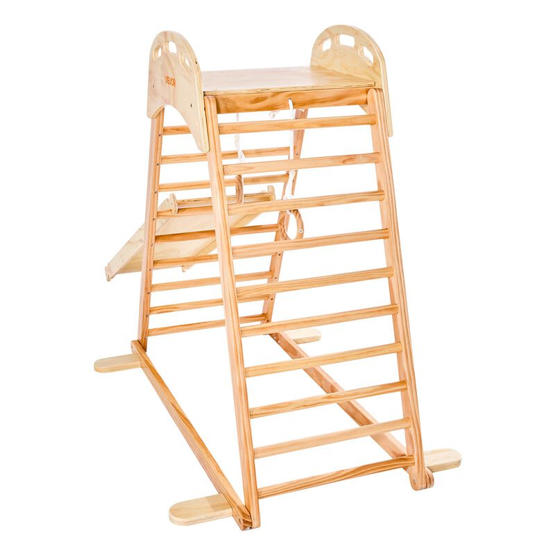 Wooden Indoor Playground Jungle Gym 4-in-1 Kids Climber with Slide, Ladder & Rings-Natural image number 8