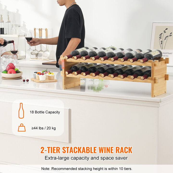 18 Bottle Stackable Modular Wine Rack Wicker Wood Display Shelf 2-Tier