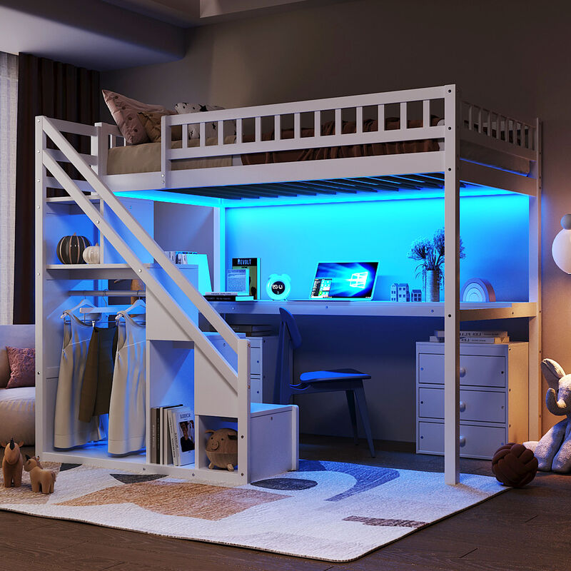 Merax Twin Size Multi-Functional Loft Bed with Staircase, Desk & LED Lights image number 3