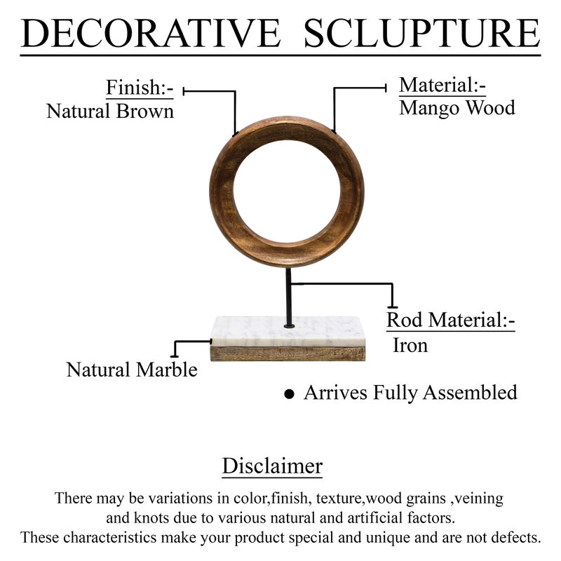 Decorative Tabletop Sculpture | Brown Mango Wood Ring Design | | Black Iron Stem and Marble Base