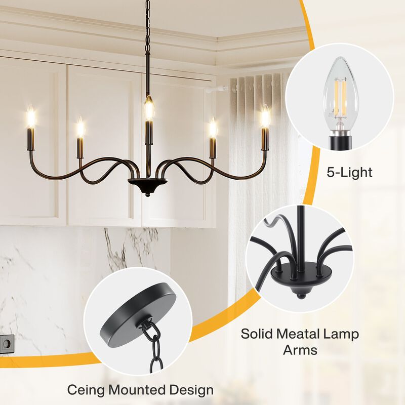 Matte Black Five-Light Modern Chandelier, Adjustable Rotating Arms image number 6