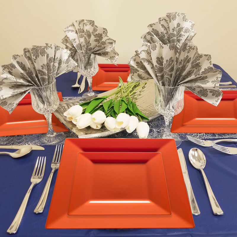 Burnt Orange Square Plastic Plates Dinnerware Value Set (40 Sets) image number 1