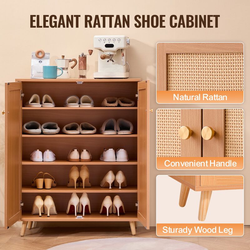 5-Tier Shoe Storage Cabinet with Rattan Doors and Adjustable Shelves for Hallway