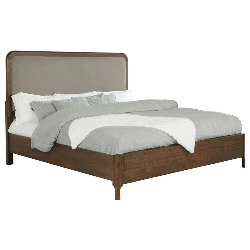 Rie California King Bed, Taupe Gray Headboard, Walnut Brown Wood
