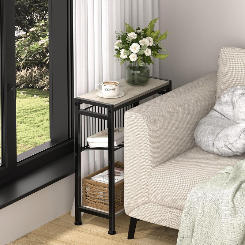 Small Side Table for Small Space, 3-Tier Narrow End Table with Magazine Holder, Slim Nightstand, Skinny Snack Couch Table in Liv