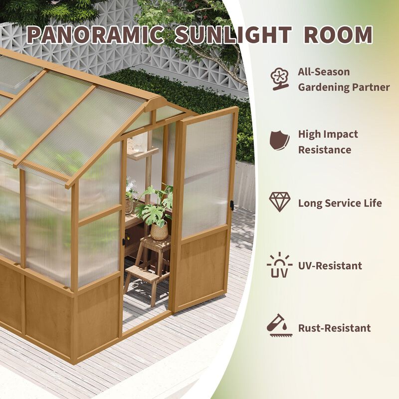 6x8 FT Greenhouse, Wooden Walk-in Greenhouse for Outdoors with Polycarbonate Panel and Adjustable Roof Vents image number 6