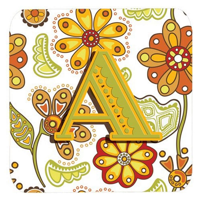 Caroline's Treasures CJ2003-AFC Letter A Floral Mustard and Green Foam Coasters (Set of 4), 3.5, Multicolor