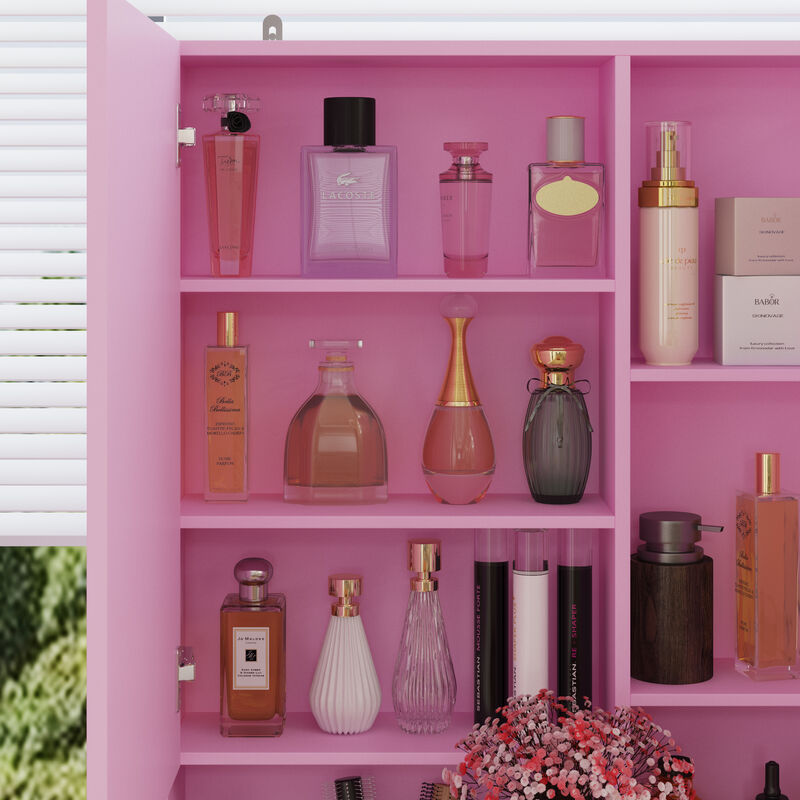 FUFU&GAGA Modern Vanity Table with Lighted Mirror and Storage, 3 Drawers & Sliding Cabinet, (31.5 in. W x 13 in. D x 63 in. H), Pink