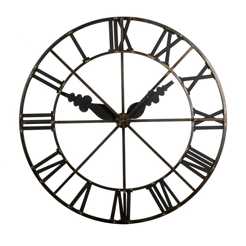 46 Inch Faux Clock Wall Decor, Round, Vintage Style, Gold, Black Finish - Benzara