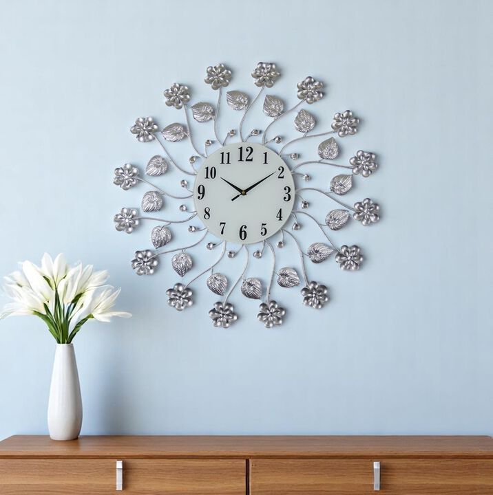 HomeRoots 27" Silver White And Black Metal and Glass Silent Analog Floral Round Wall Clock