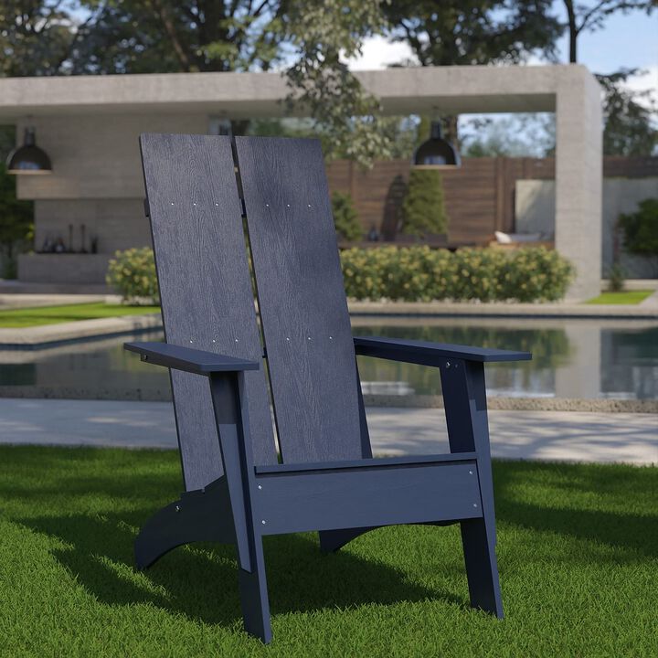 Flash Furniture Sawyer Modern Commercial 2-Slat Back Adirondack Chair - Navy Blue Commercial All-Weather Poly Resin Lounge Chair
