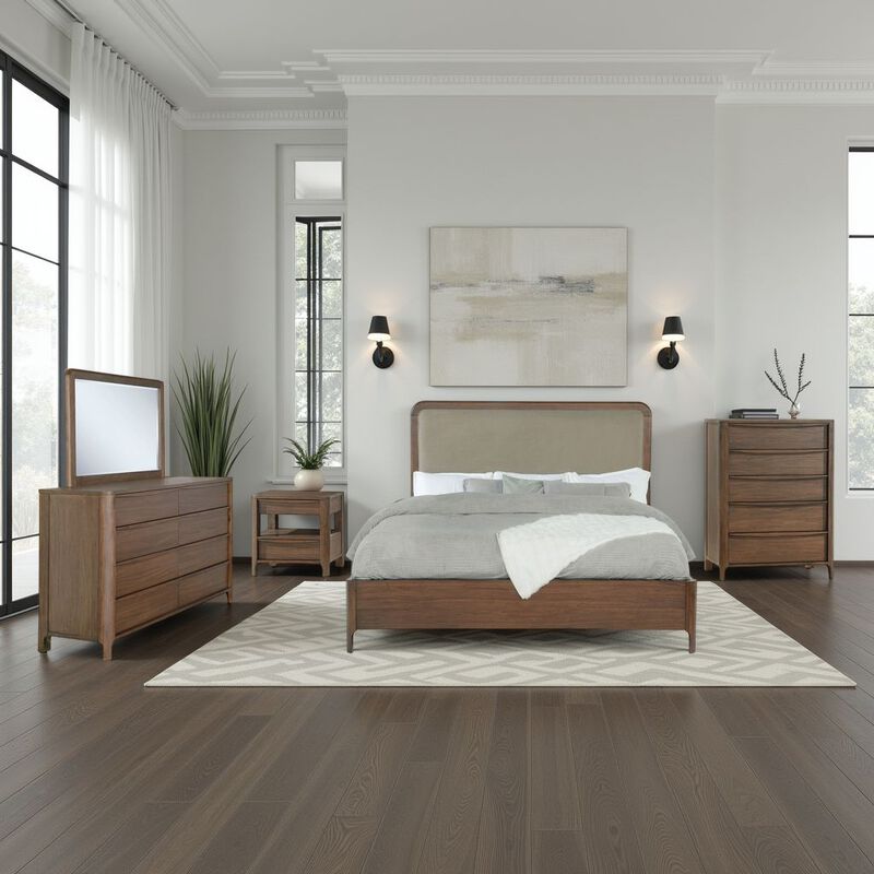 Rie 5pc Queen Bedroom Set with Dresser Mirror, Brown, Beige Upholstery