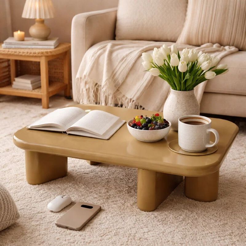 Jeny Coffee Table, 35 Inch Square Top with Rounded Corners, Yellow Brown image number 6