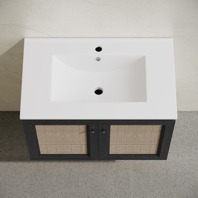 30" Wall-Mounted Bathroom Vanity in Black Oak with Single Faucet Hole Vanity Top image number 7