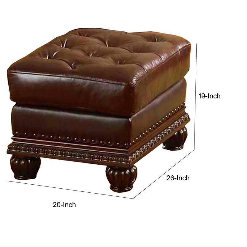 Faux Leather Upholstered Ottoman with Nail head Trim Detail, Espresso Brown-Benzara