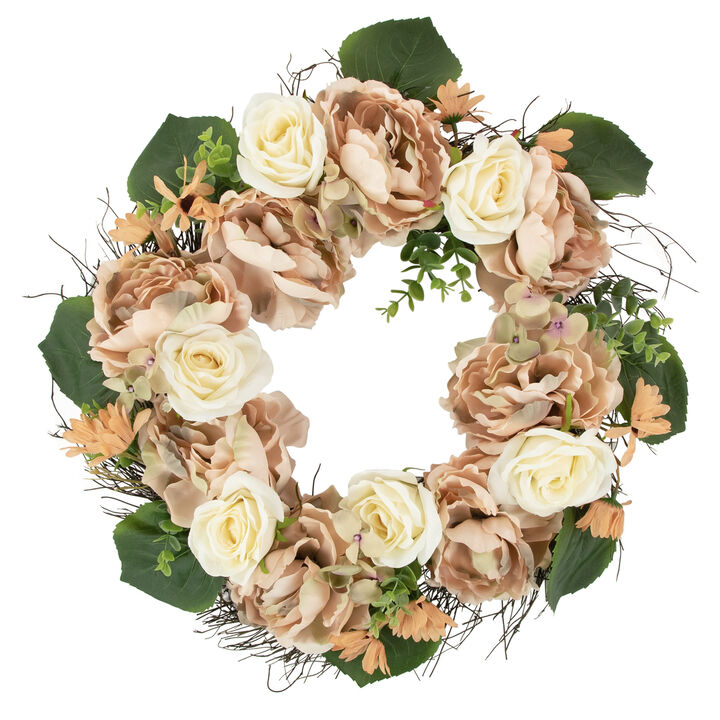 Peach and White Floral Harvest Artificial Wreath  22-Inch