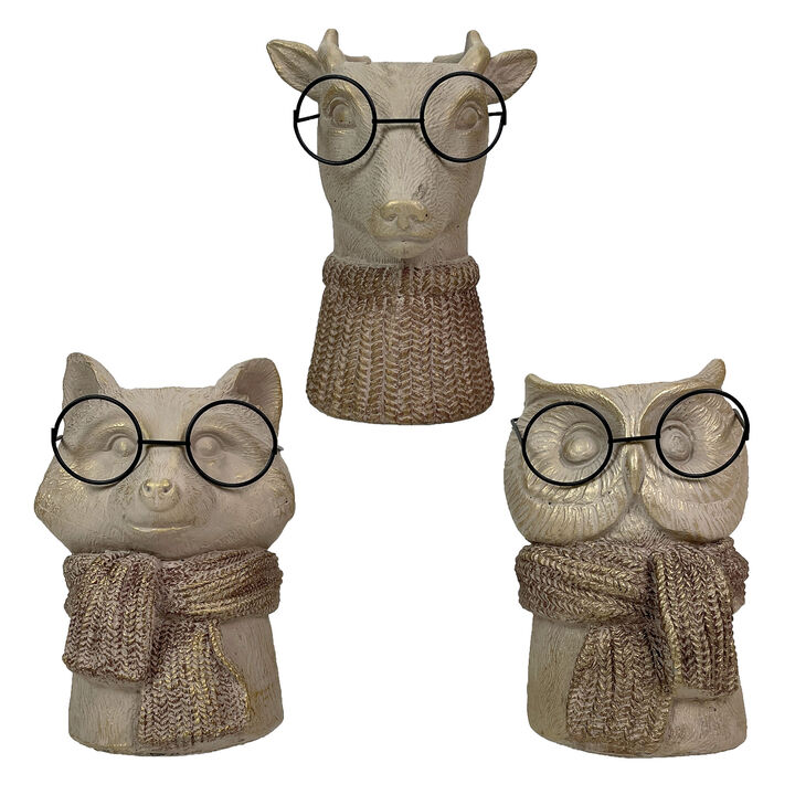 Set of 3 Bespectacled Animal Vases Fox Owl Deer Gold Accent Knit Scarves Glasses