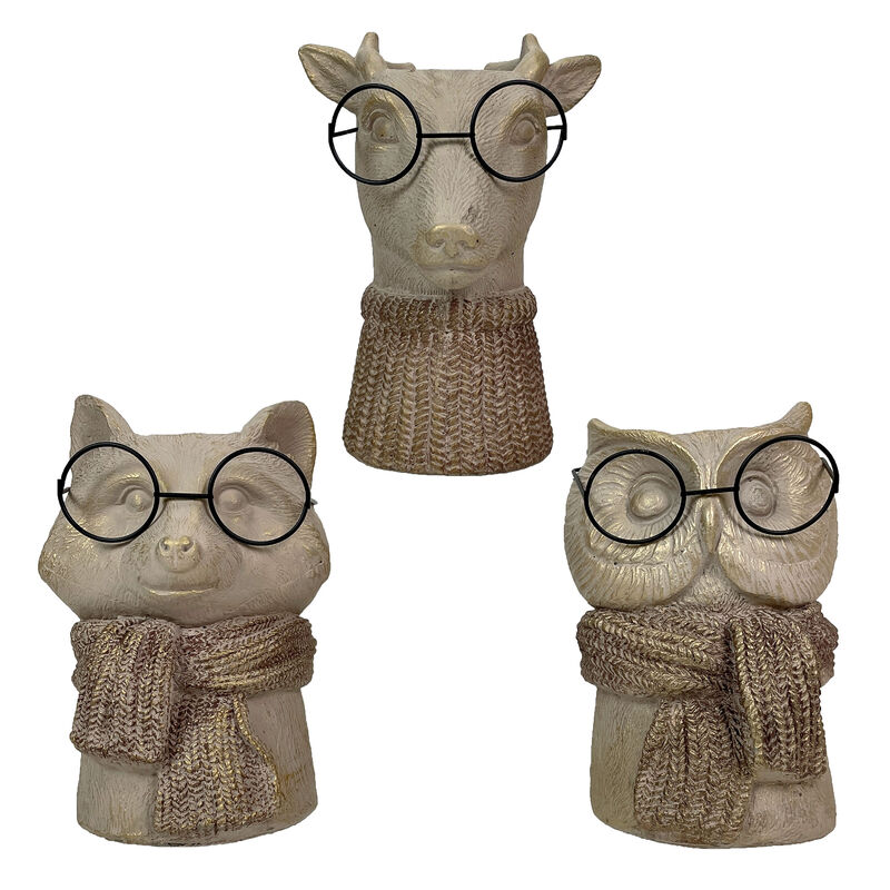 Set of 3 Bespectacled Animal Vases Fox Owl Deer Gold Accent Knit Scarves Glasses image number 1