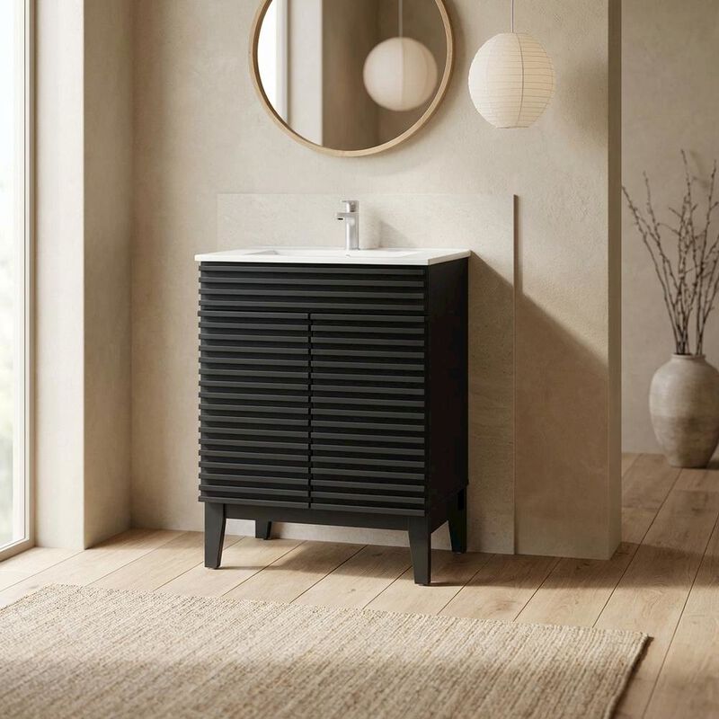 Black White 24-Inch Floor-Mount Bathroom Vanity with Ceramic Sink image number 4