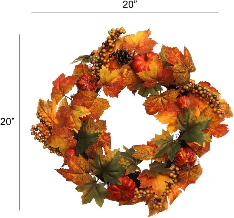 20-Inch Autumn Wreath with Maple Leaves, Berries, and Pumpkins - Ideal Harvest Decor for Home and Doorway