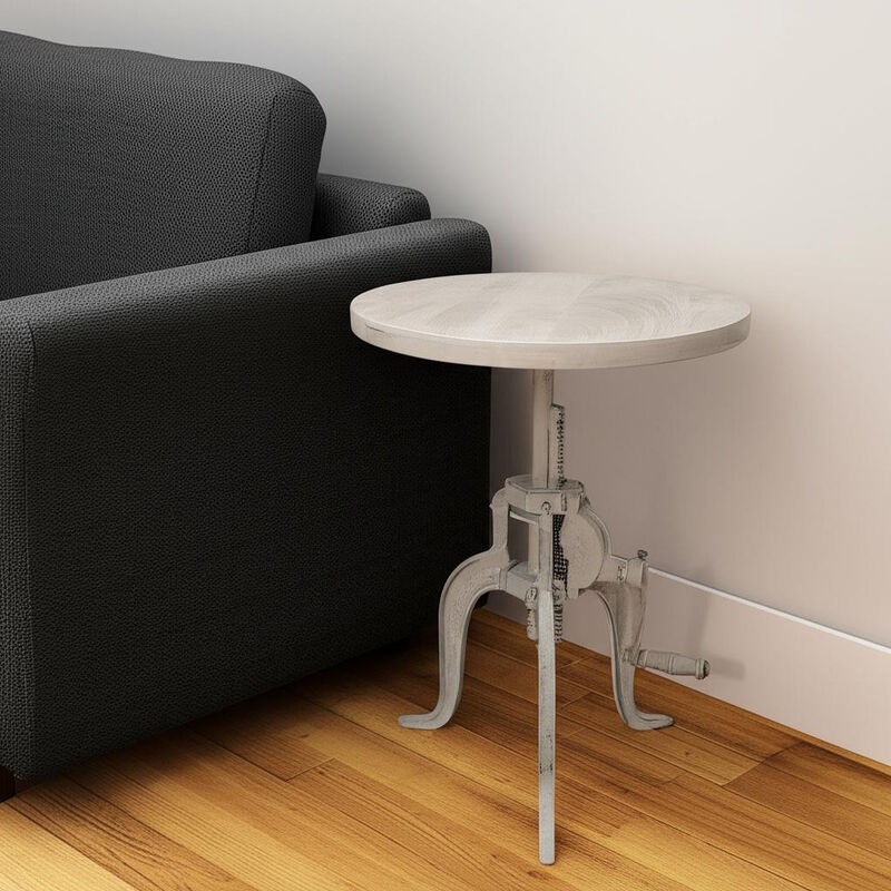 HomeRoots 19" White Solid Wood and Iron Height Adjustable Round End Table image number 1