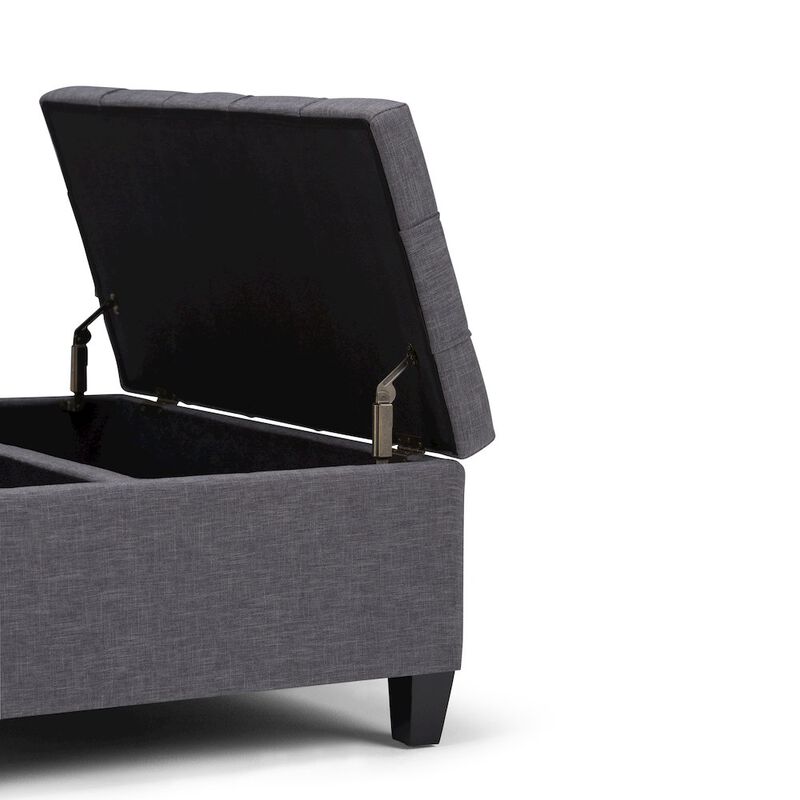 Simpli Home Harrison Coffee Table Storage Ottoman In Slate Grey Linen Look Fabric