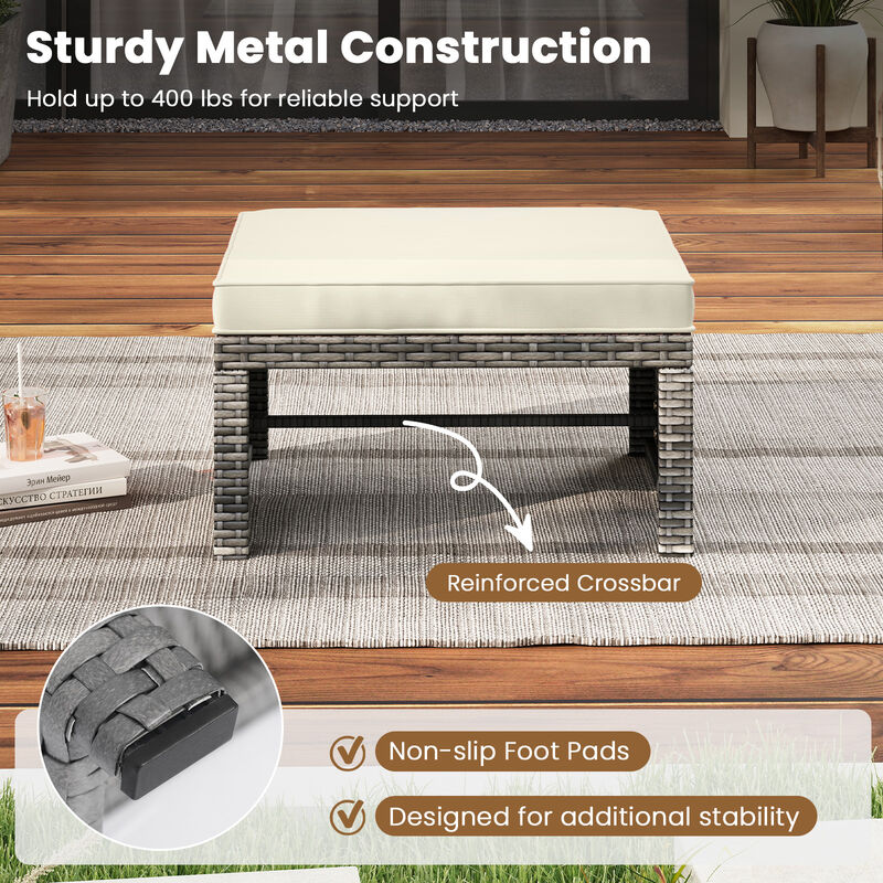 2 Pieces Patio PE Rattan Ottomans with Soft Zippered Cushions for Deck