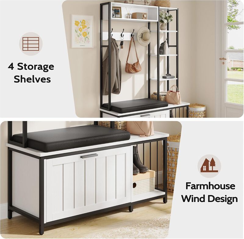 Hall Tree with Bench and Shoe Storage, 39.4" Entryway Bench with Coat Rack freestanding, Wall Rack 4 Hooks and Shelves, 39.37" x 15.74&ldquo; x 69.69" image number 5