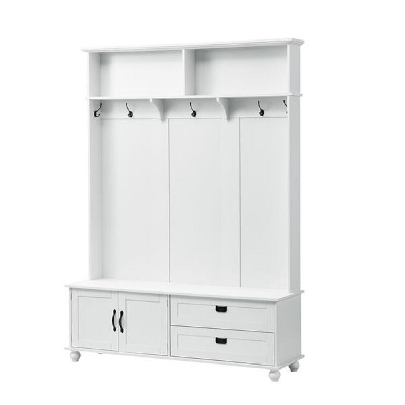 Modern Hall Tree with Storage Cabinet and 2 Large Drawers, Mudroom Bench with 5 Coat Hooks