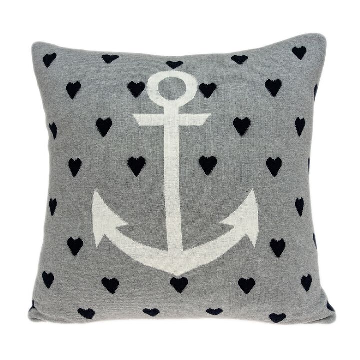 18” Blue and Gray Knitted Anchor and Hearts Nautical Square Throw Pillow